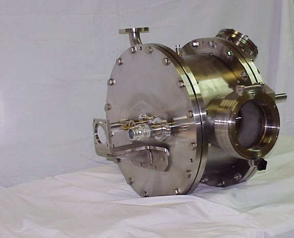 Stainless steel welded custom designed ultra-high vacuum chamber with quartz view port and electrical feedthru. 