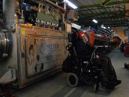 Stephen Hawking with a Meyer Tool custom cryogenic distribution box at the Large Hadron Collider at CERN