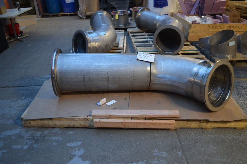 Large diameter custom pressure piping spools. Material is duplex stainless steel with 100% x-rayed full penetration girth welds. 