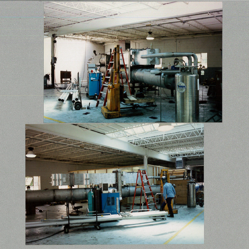 #Throwback to this cryogenic system that we made for a cryogenics company in the early 90s.   Note the large aluminum heat exchanger above and long vacuum vessel below.  This series of vessels and cryogenic pressure piping became part of a helium liquefier.